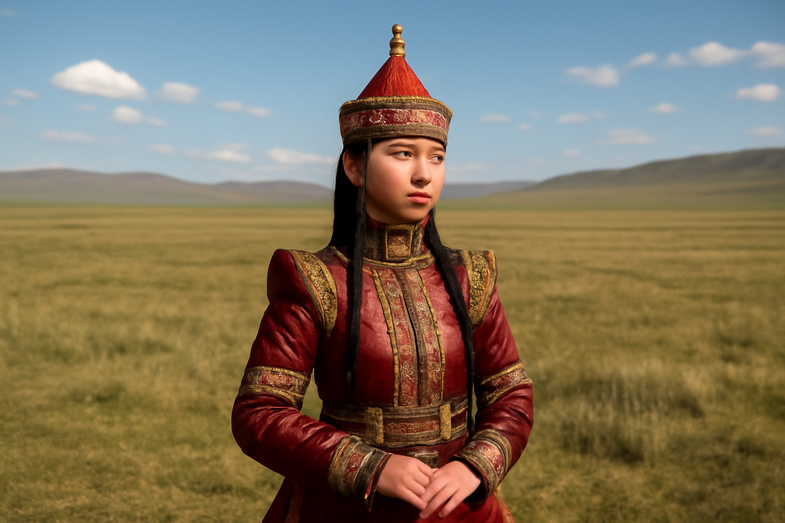 Mongolian princess in steppe. photorealistic